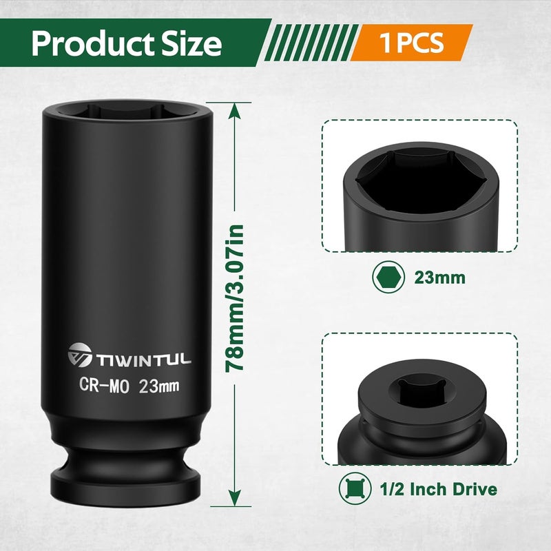 TIWINTUL 23mm Impact Socket 1/2 Inch Drive, Deep CR-MO Steel Impact Socket, 3.07" Length, 6 Point Design, Metric Size Socket for Automotive and Mechanical Equipment Maintenance - Image 1